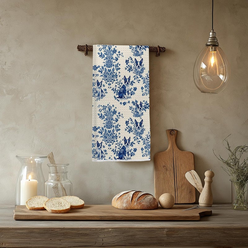 EKGJW Chinoiserie Boston Terrier Dog Kitchen Towels, Boston Terrier Gifts for Women Men Dish Tea Towels for Kitchen, Grandmillennial Toile de Jouy Dog Hand Towels for Bathroom, 16x24 Inch - Image 4
